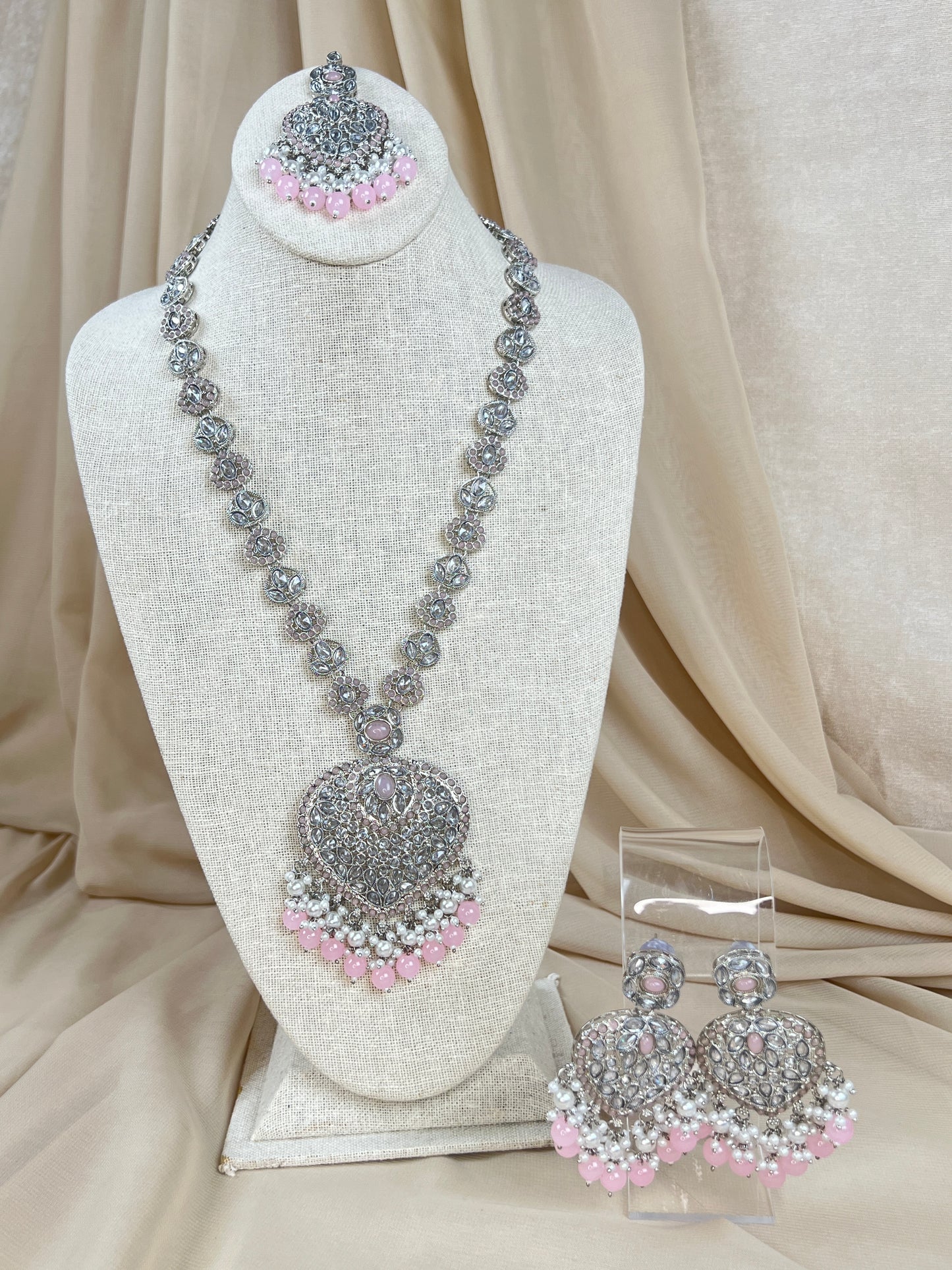 Large Heart Long Polki Silver Necklace Set