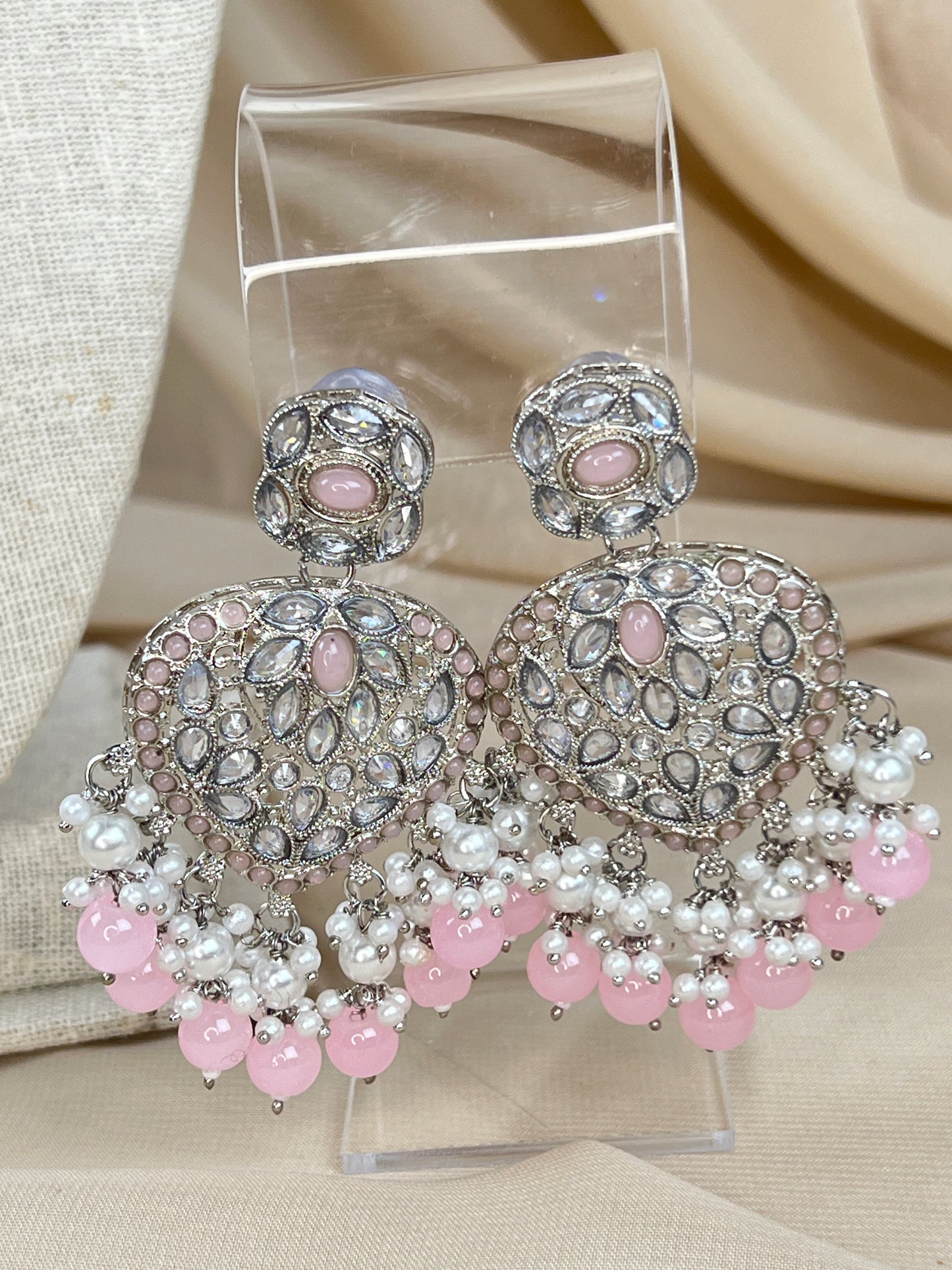Large Heart Long Polki Silver Necklace Set