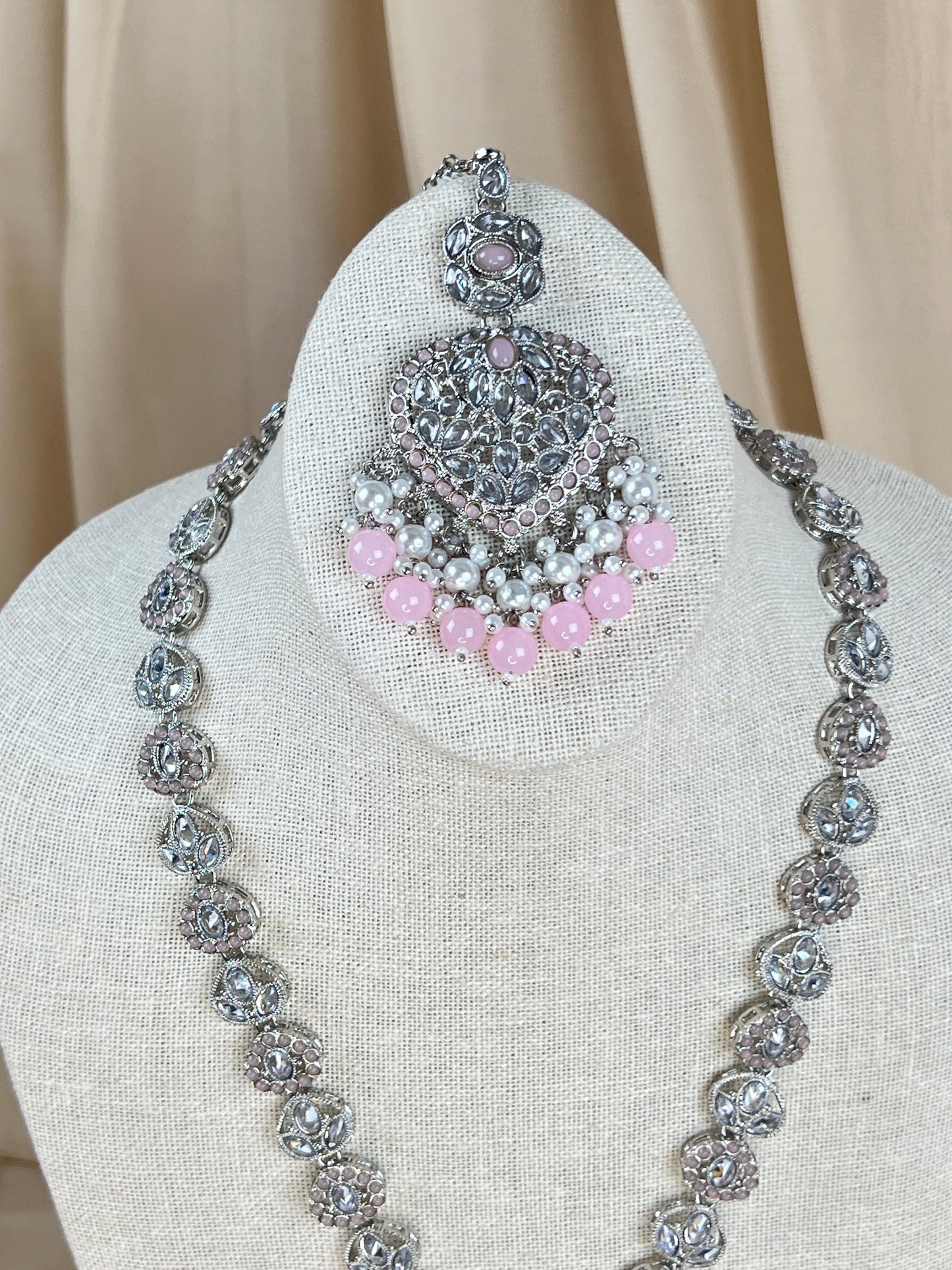 Large Heart Long Polki Silver Necklace Set