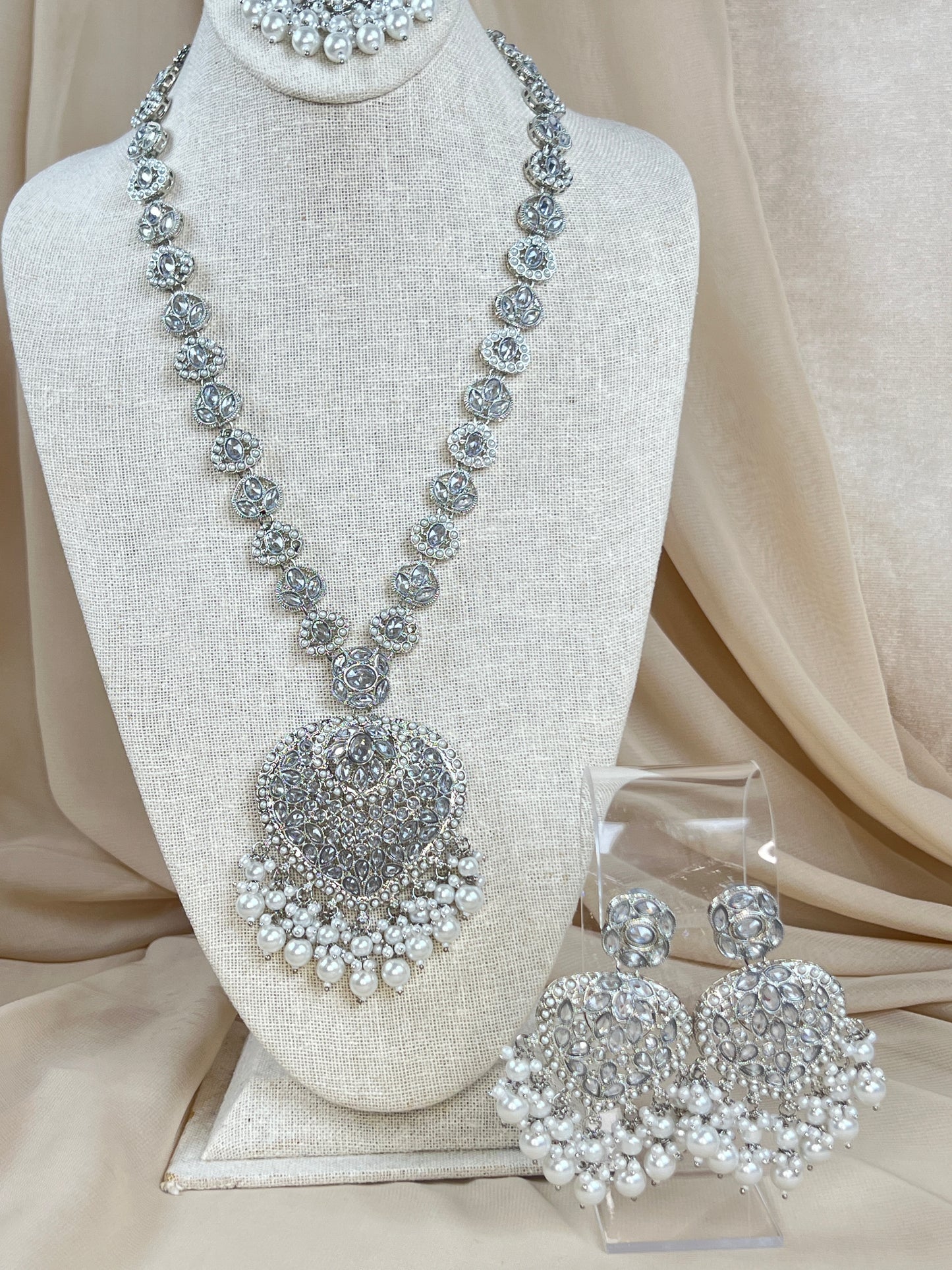 Large Heart Long Polki Silver Necklace Set