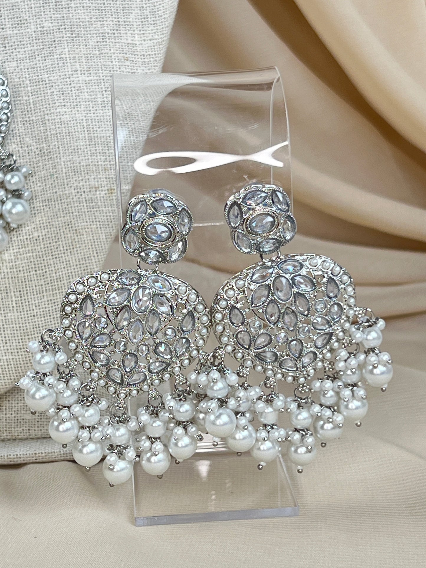 Large Heart Long Polki Silver Necklace Set