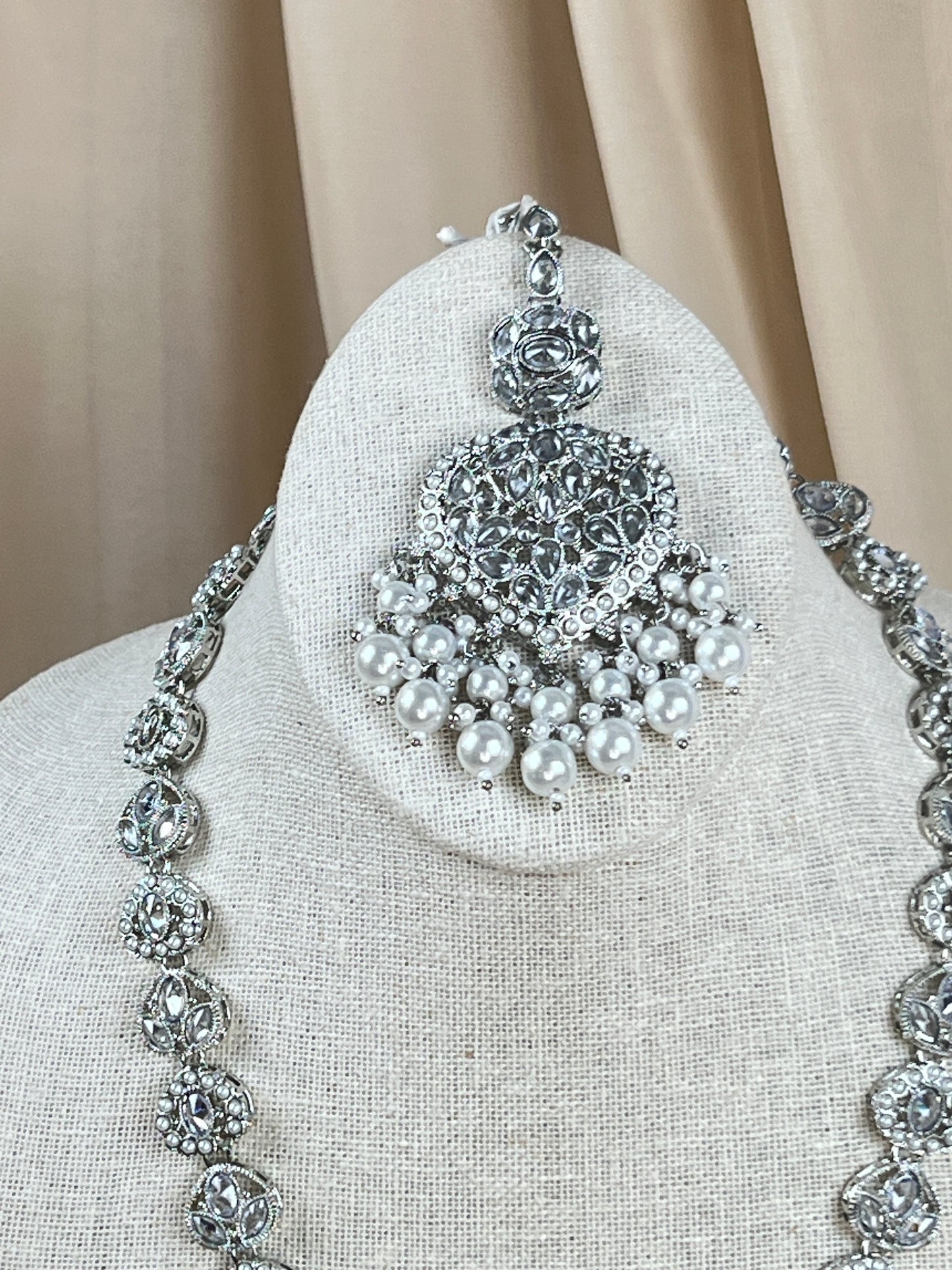 Large Heart Long Polki Silver Necklace Set