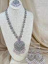 Large Heart Long Polki Silver Necklace Set