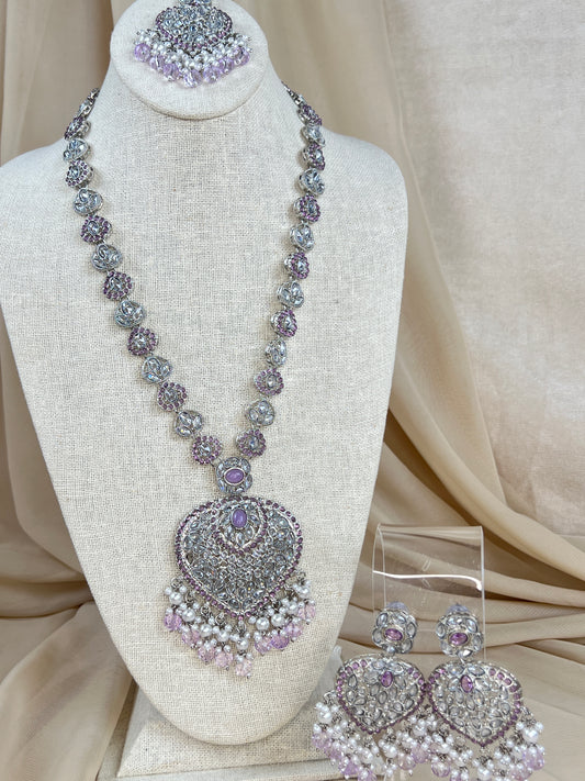 Large Heart Long Polki Silver Necklace Set