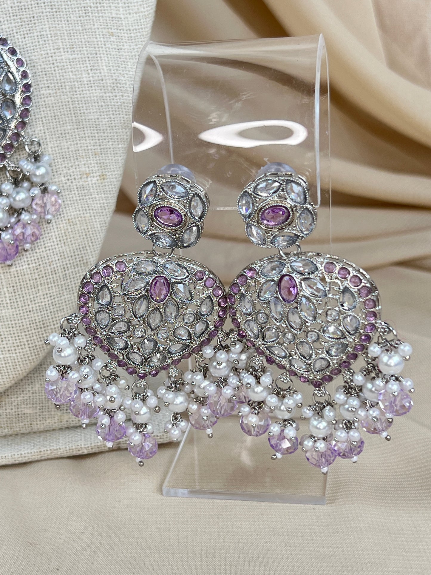 Large Heart Long Polki Silver Necklace Set