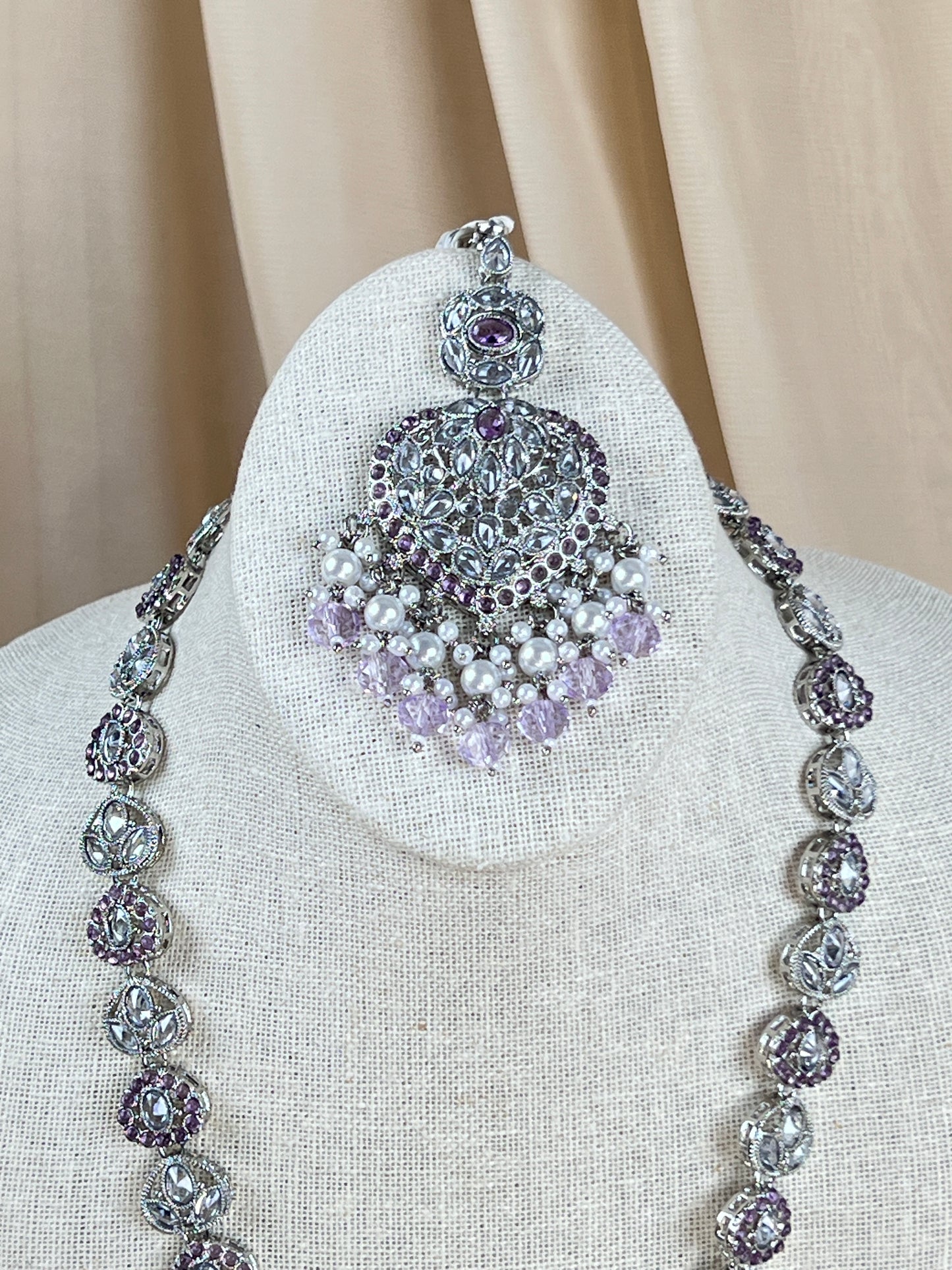Large Heart Long Polki Silver Necklace Set