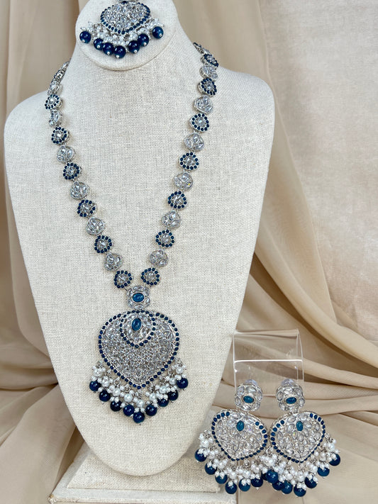 Large Heart Long Polki Silver Necklace Set