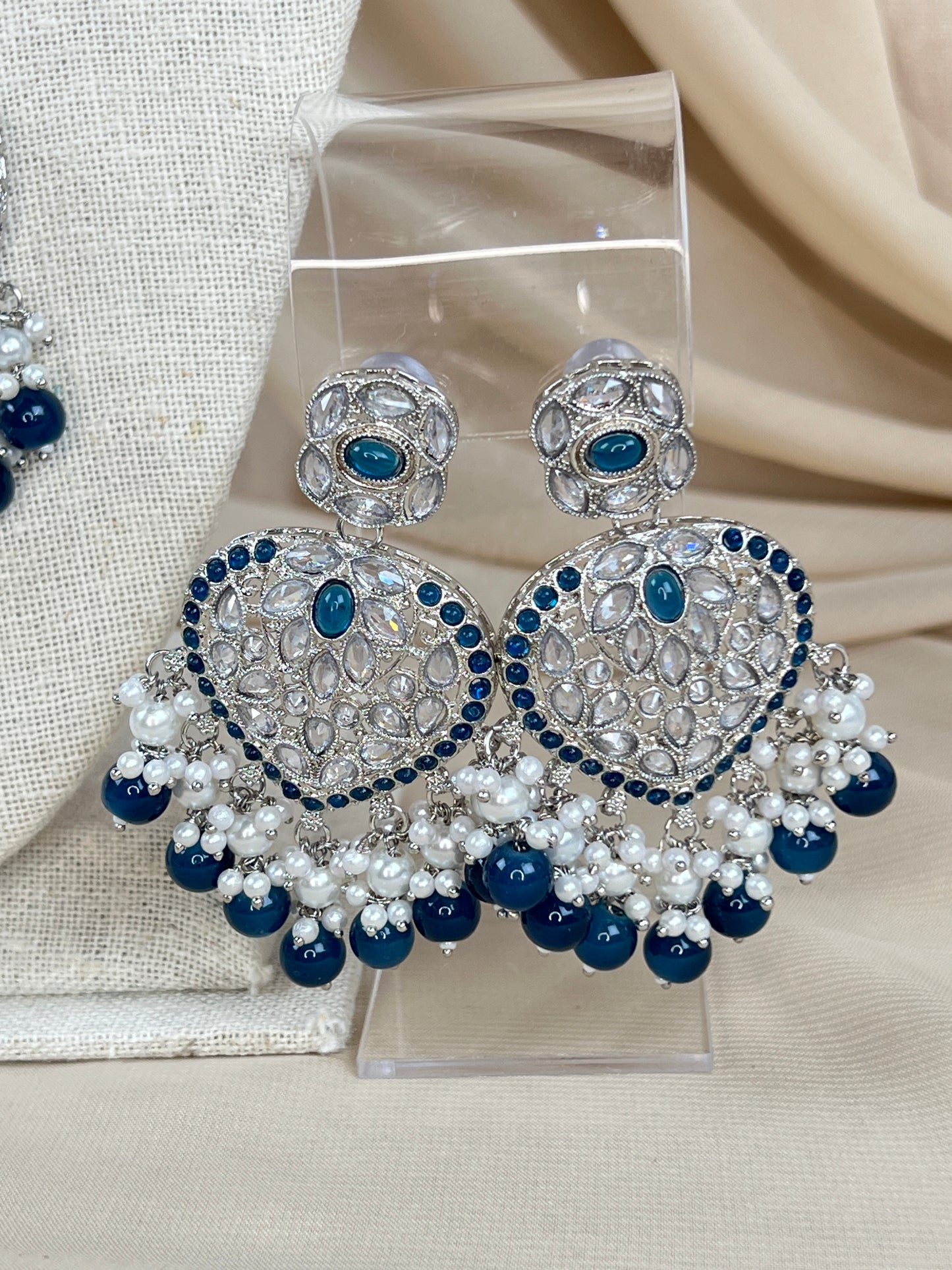 Large Heart Long Polki Silver Necklace Set
