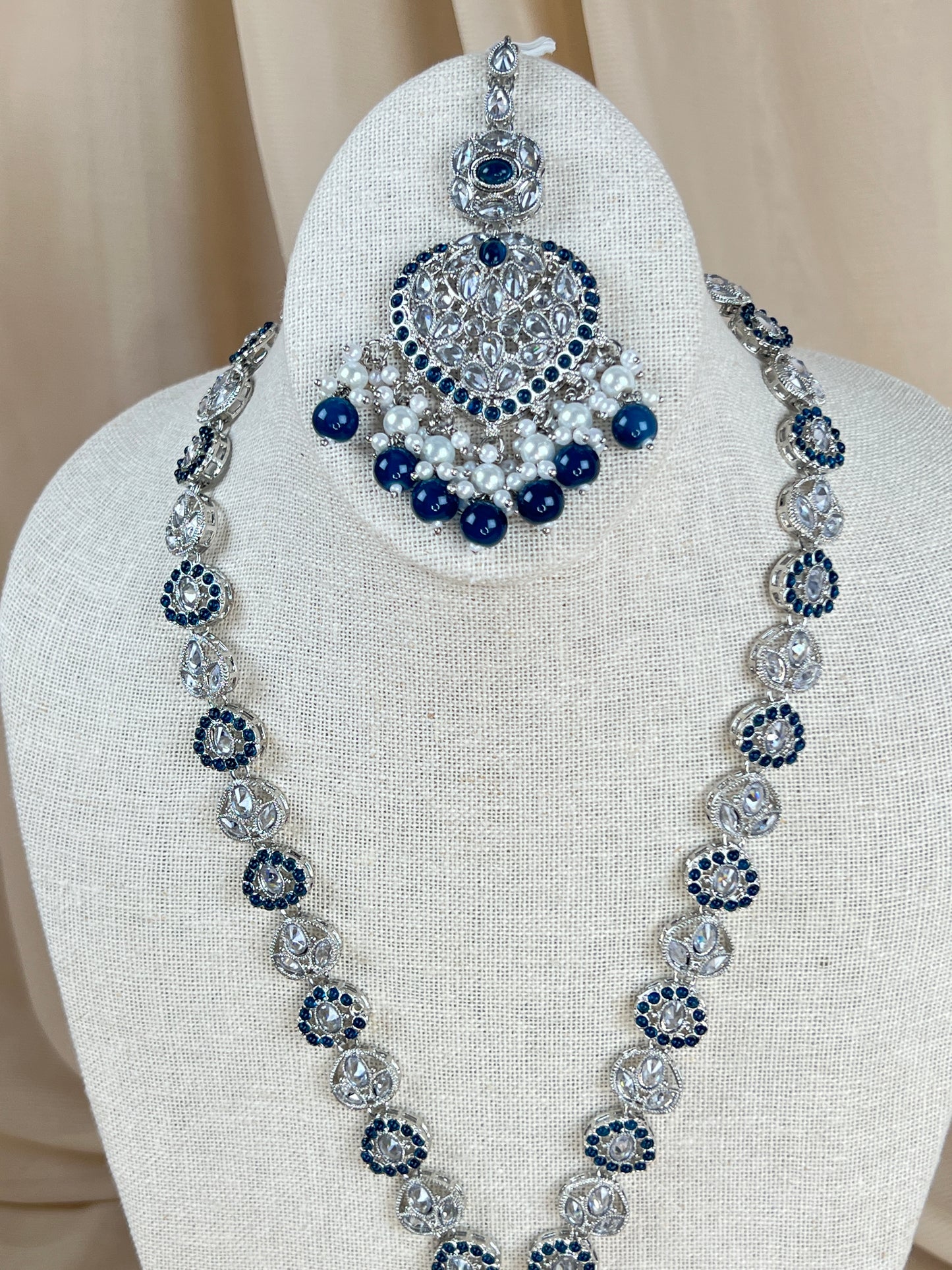 Large Heart Long Polki Silver Necklace Set