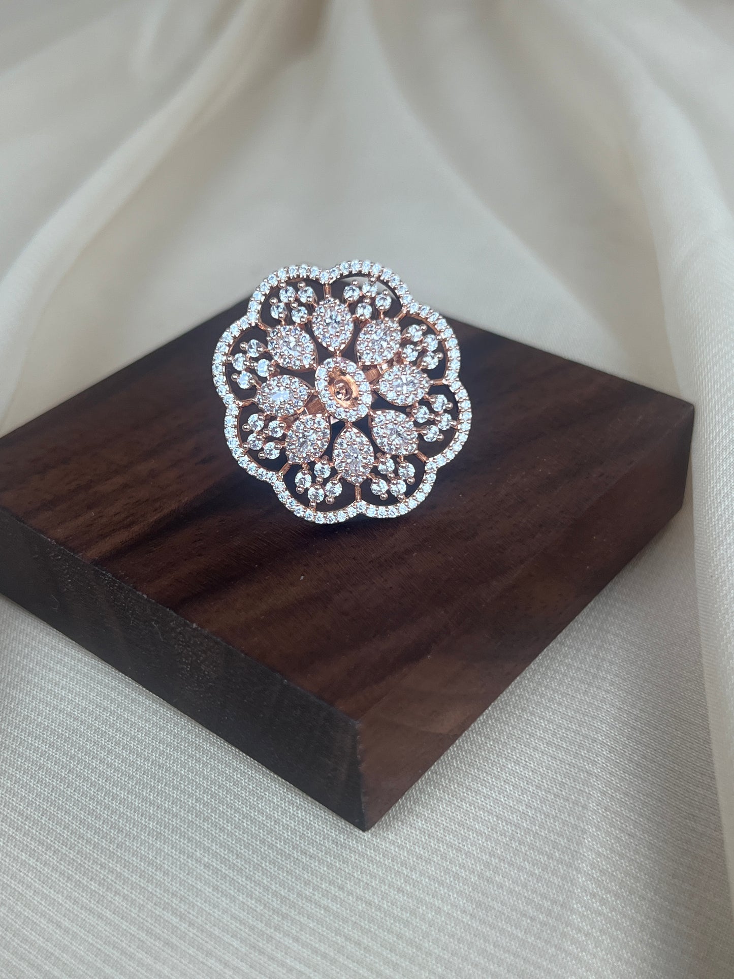 American Diamond | AD | Large Flower Ring | Rose Gold
