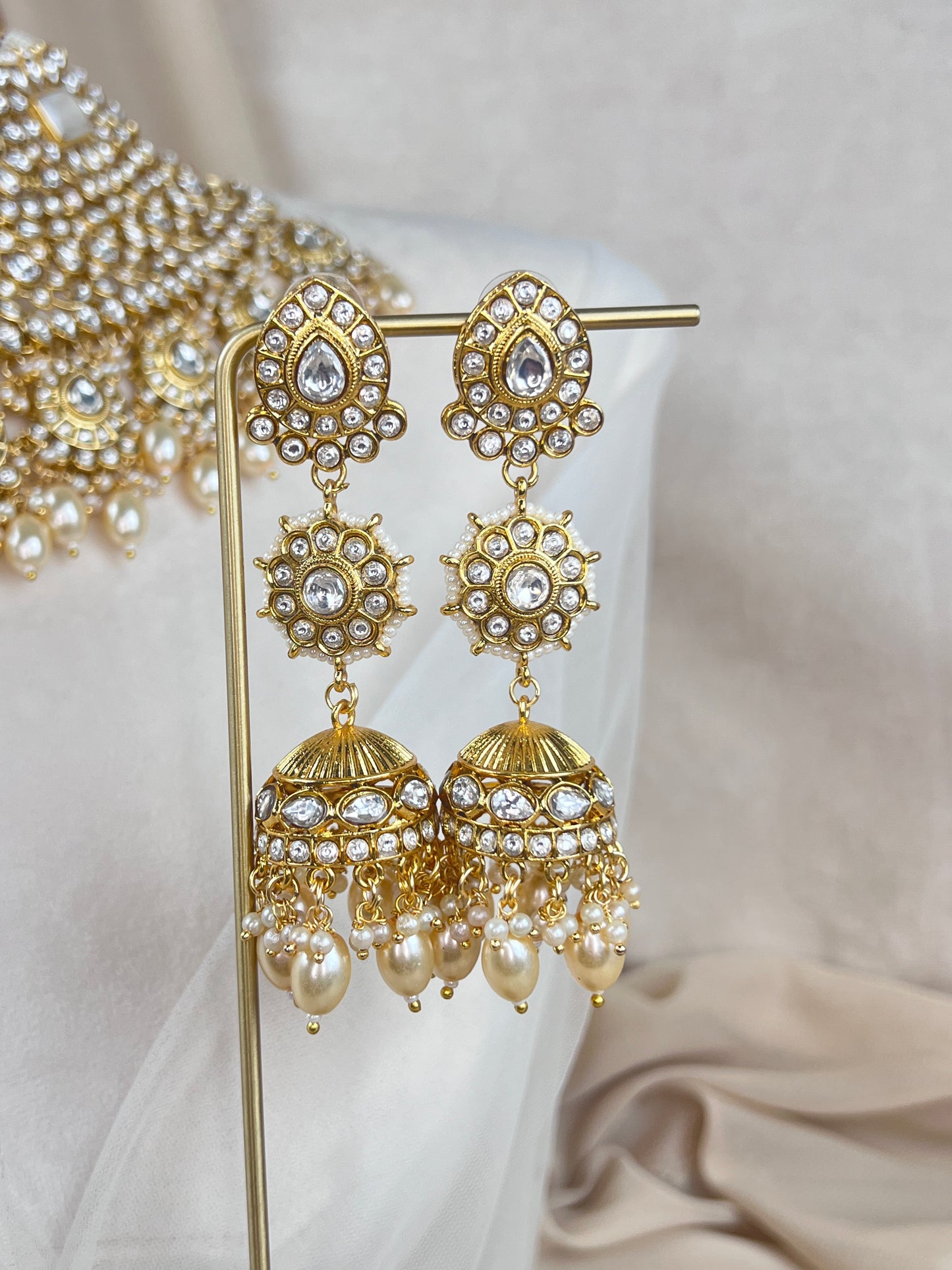 Paachi Kundan | Gold White | Large Semi Bridal Set w/Jhumka Earrings