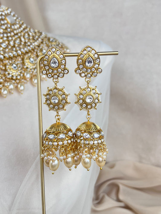 Paachi Kundan | Gold White | Large Semi Bridal Set w/Jhumka Earrings