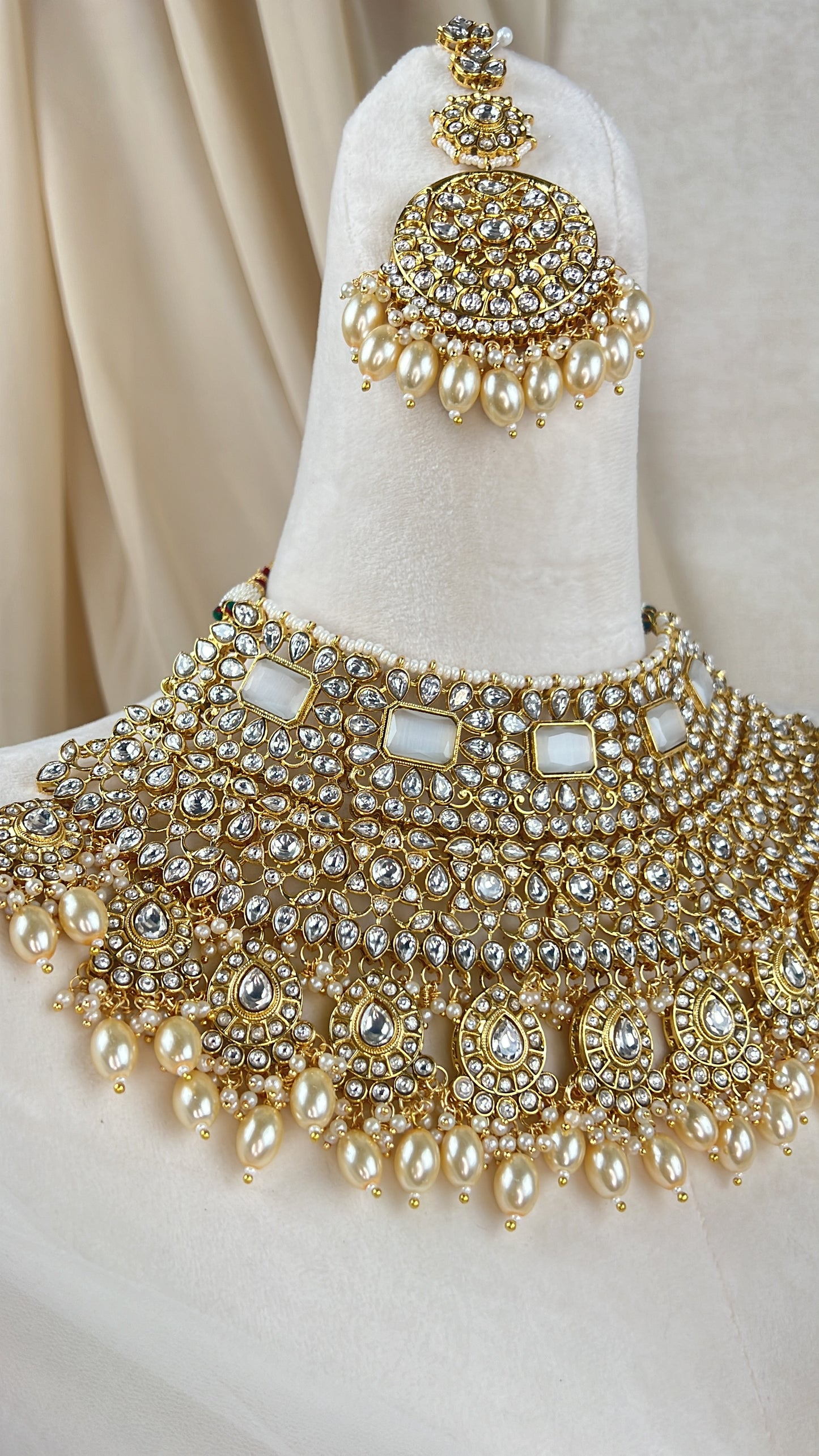 Paachi Kundan | Gold White | Large Semi Bridal Set w/Jhumka Earrings