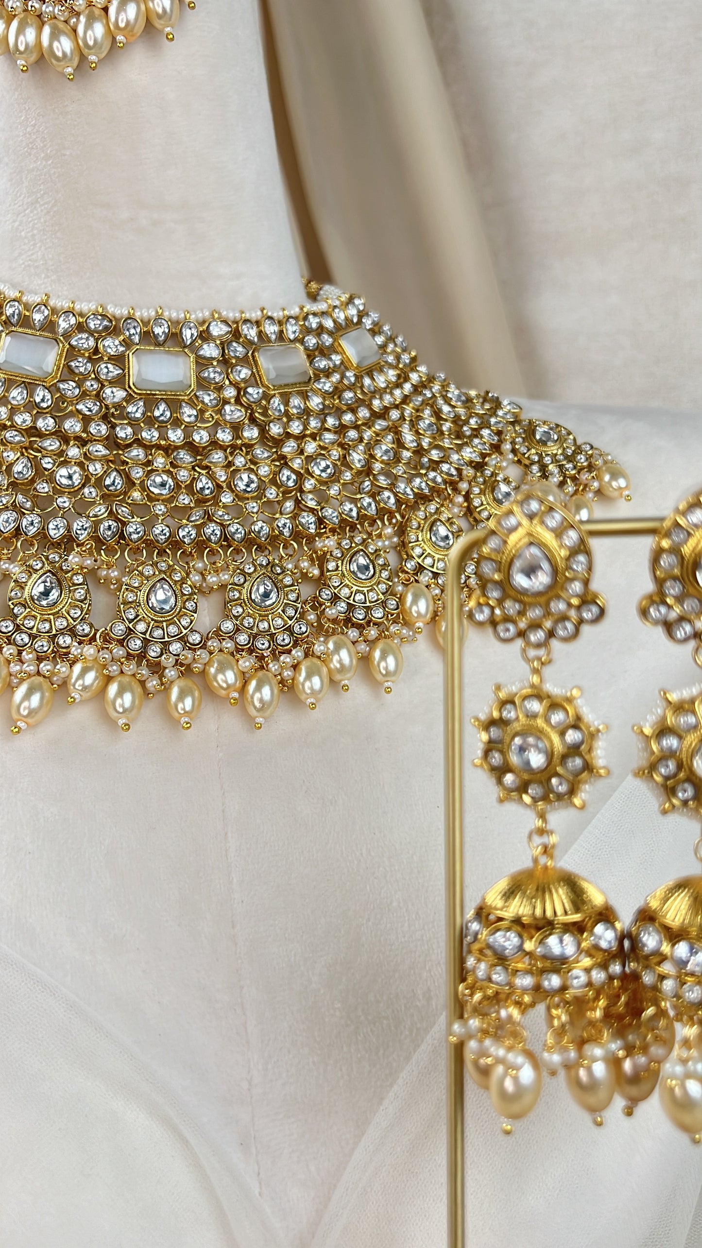 Paachi Kundan | Gold White | Large Semi Bridal Set w/Jhumka Earrings