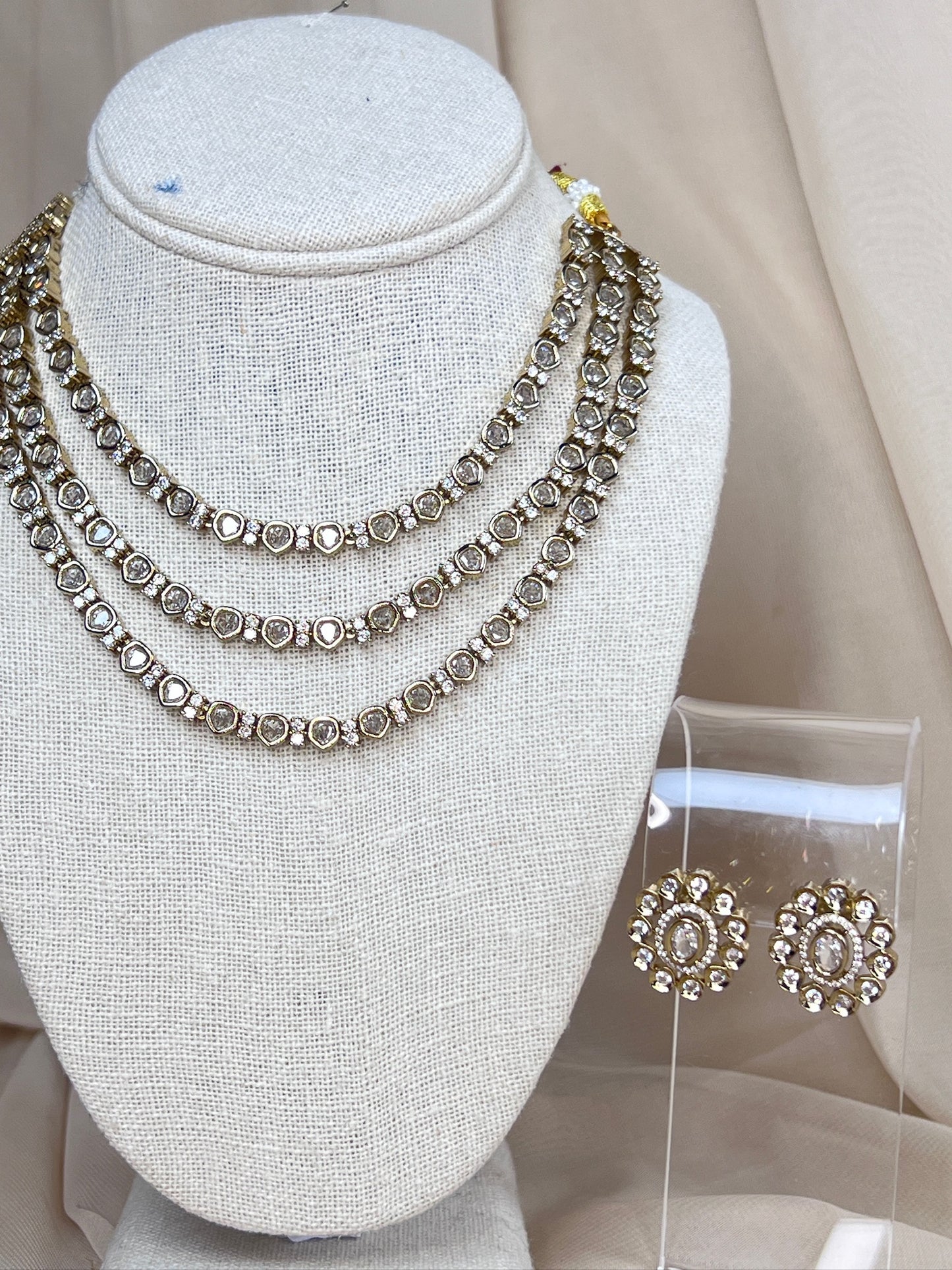 Gold Kundan Moissanite Layered Necklace with Earrings