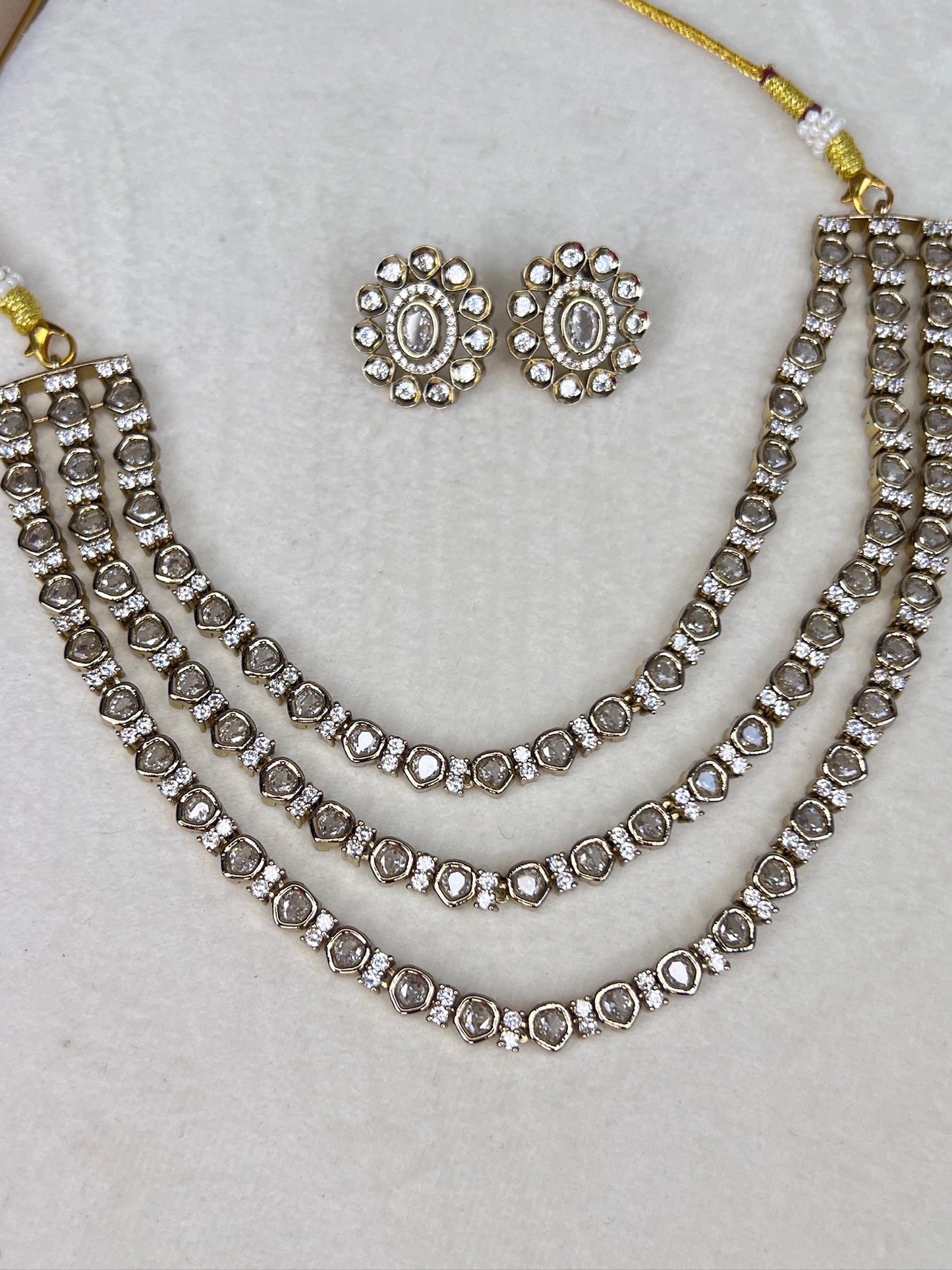 Gold Kundan Moissanite Layered Necklace with Earrings