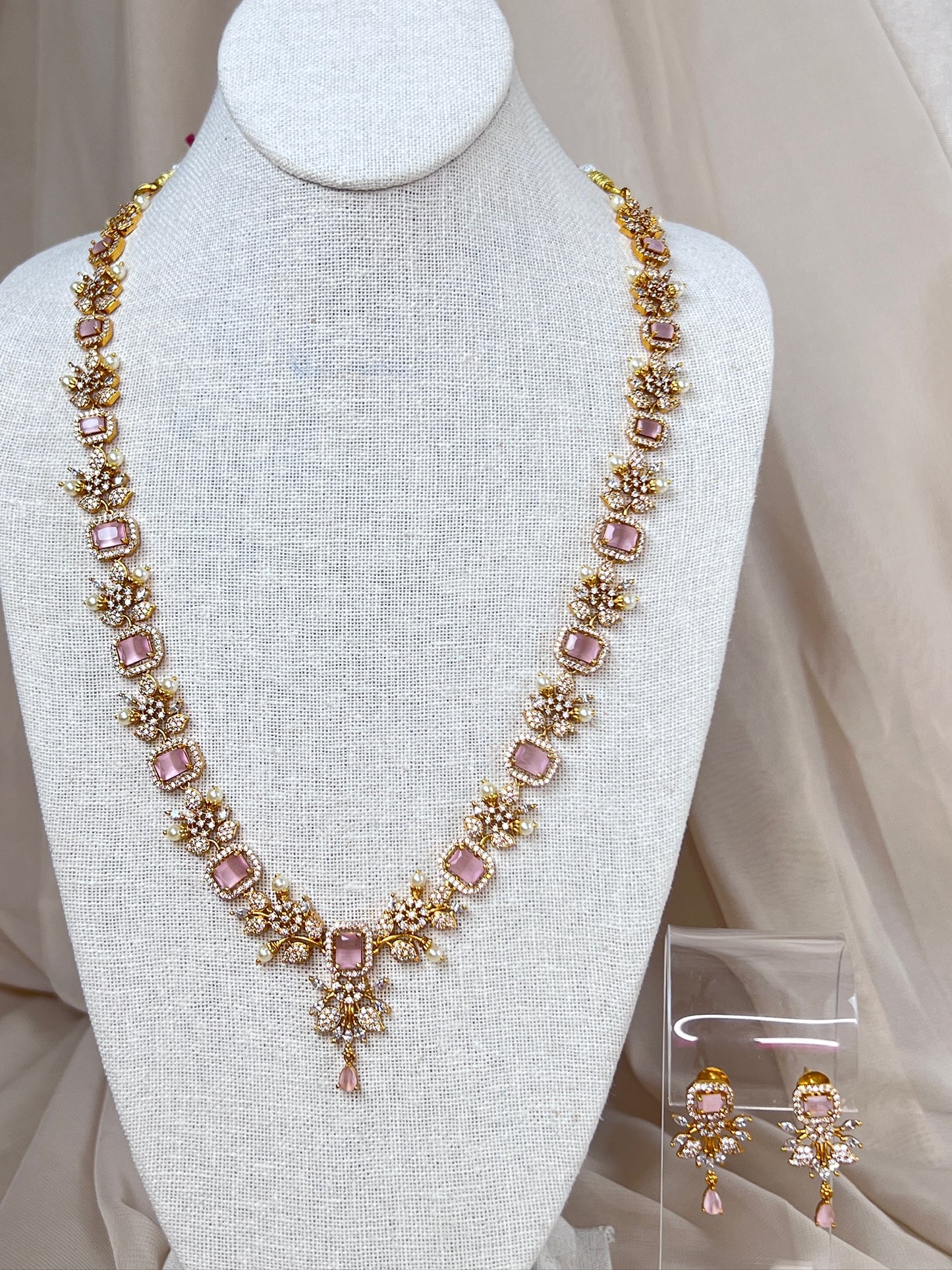 Long Dainty Moissanite American Diamond Gold Necklace | Haar | Mala Set