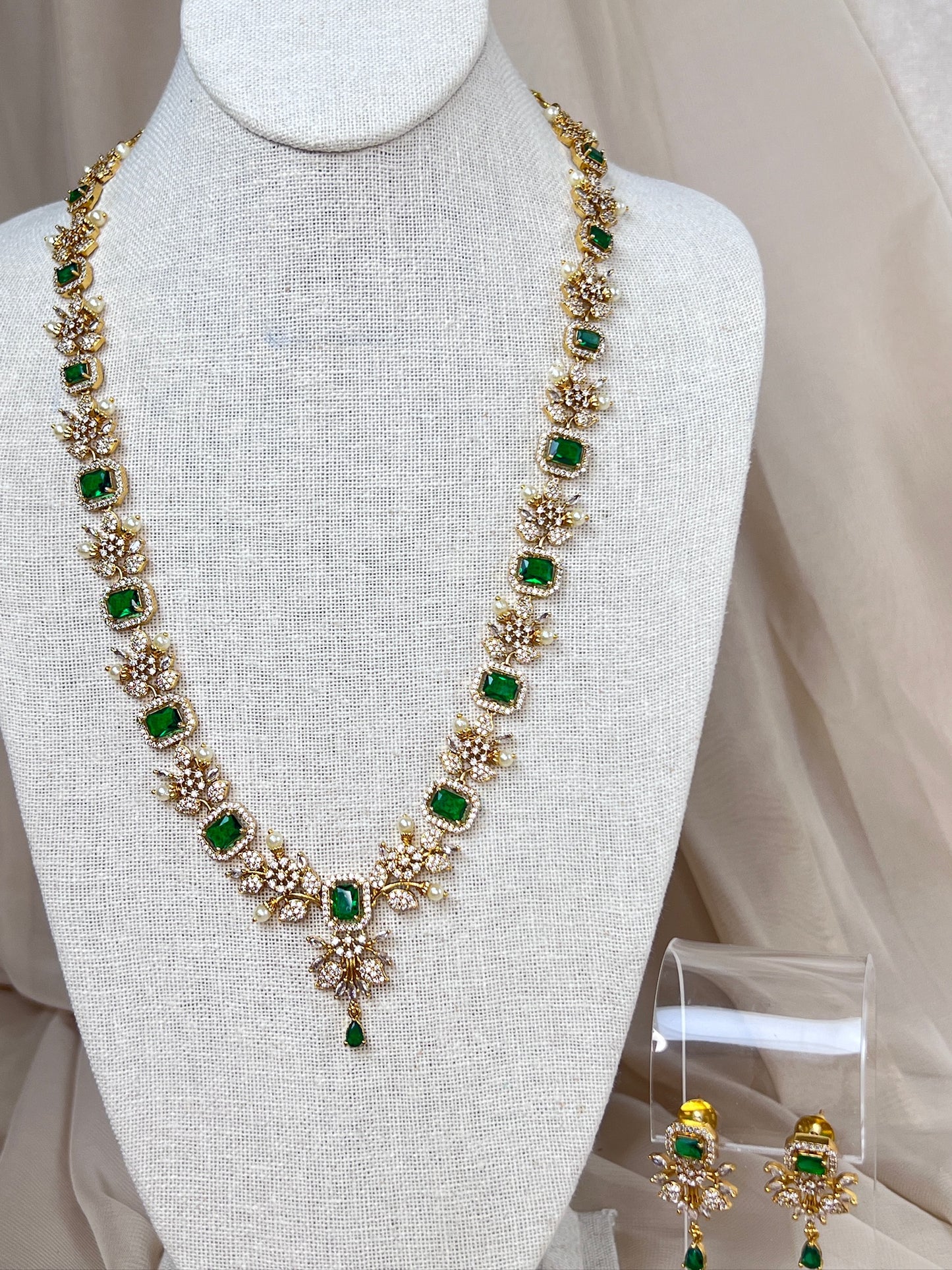 Long Dainty Moissanite American Diamond Gold Necklace | Haar | Mala Set