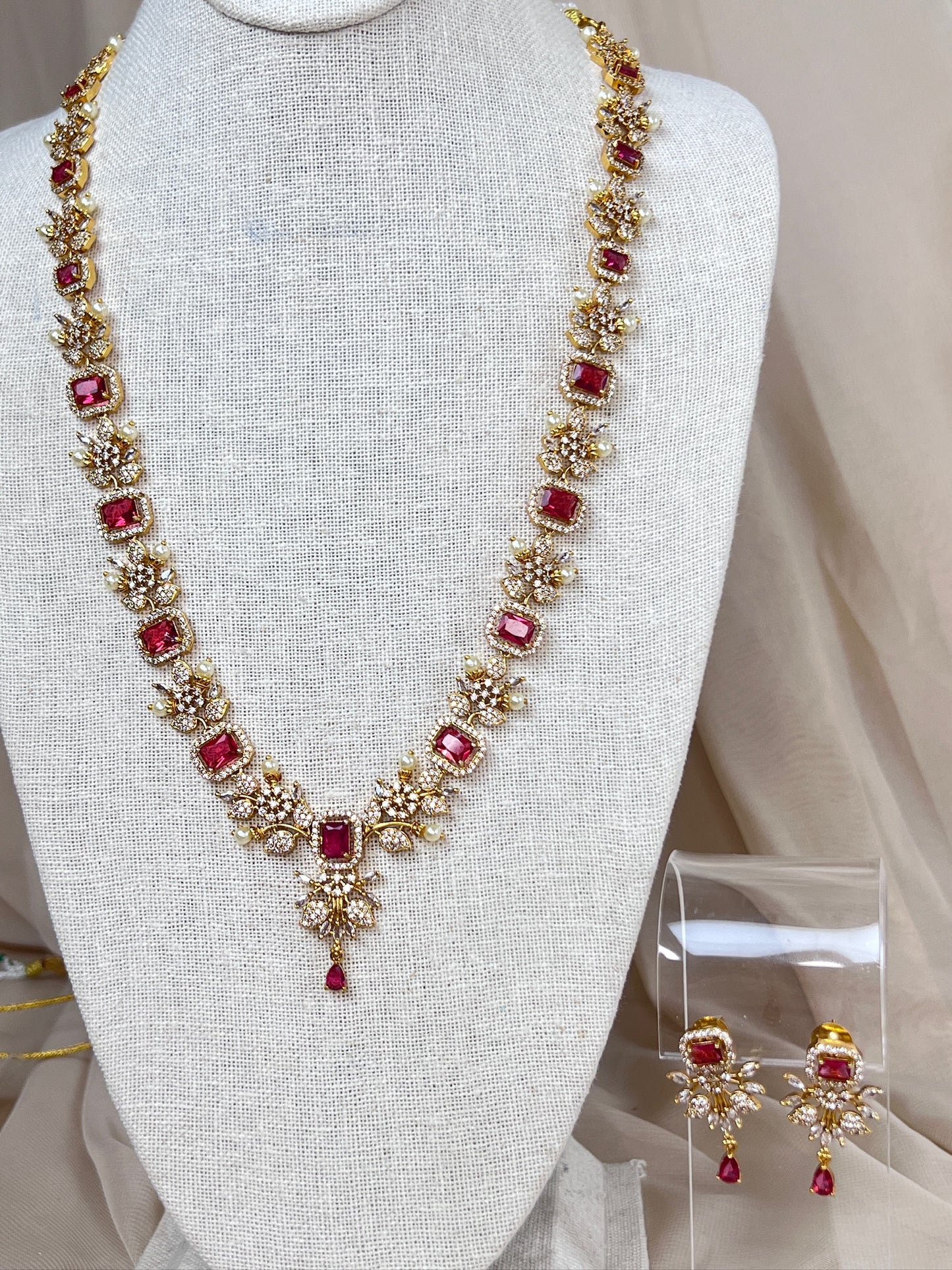 Long Dainty Moissanite American Diamond Gold Necklace | Haar | Mala Set