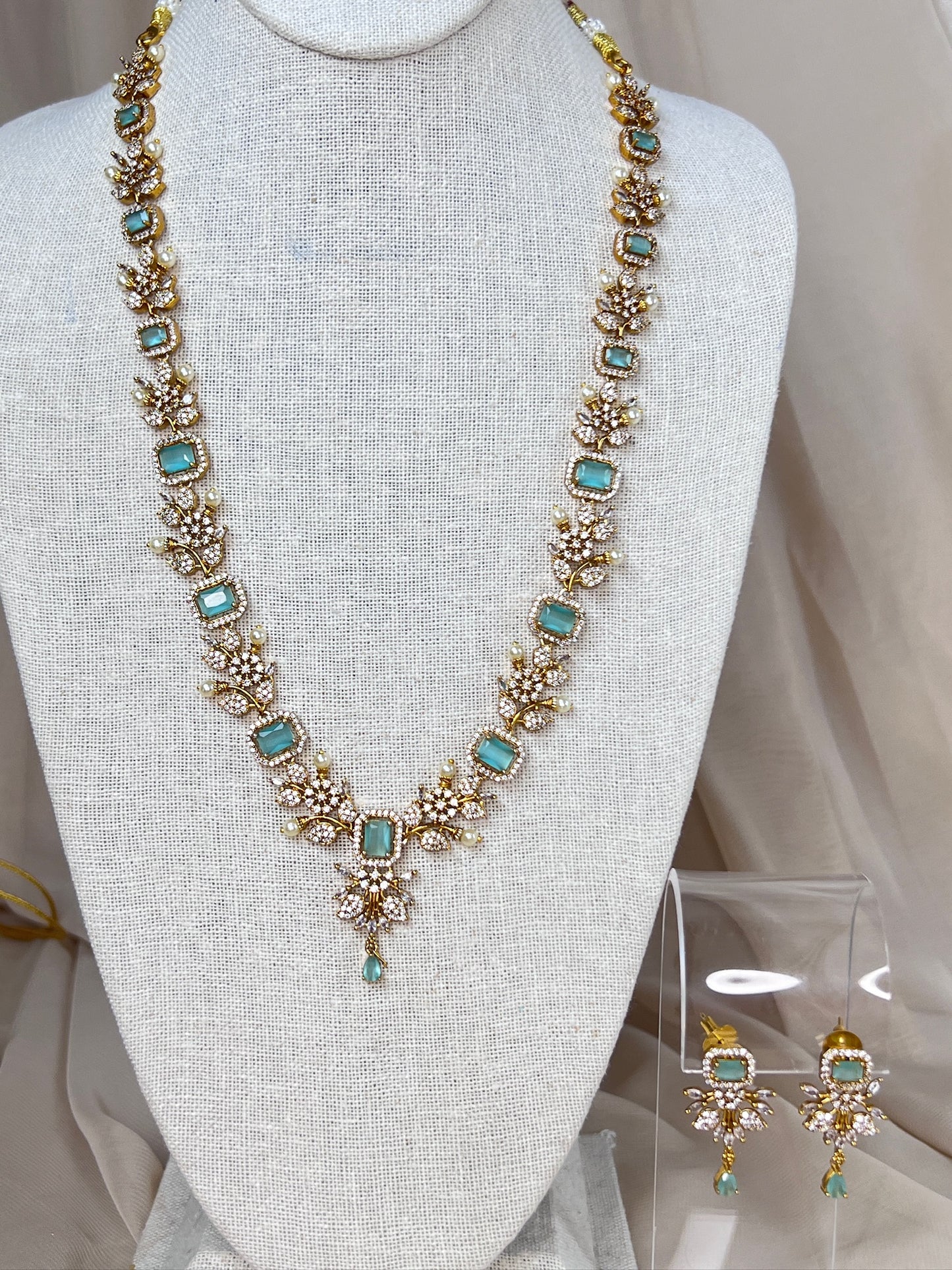 Long Dainty Moissanite American Diamond Gold Necklace | Haar | Mala Set