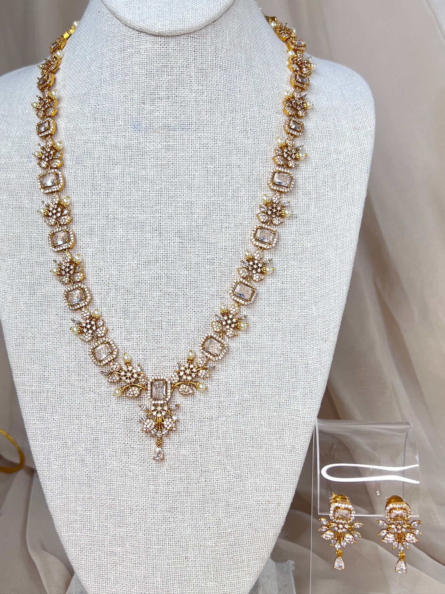 Long Dainty Moissanite American Diamond Gold Necklace | Haar | Mala Set