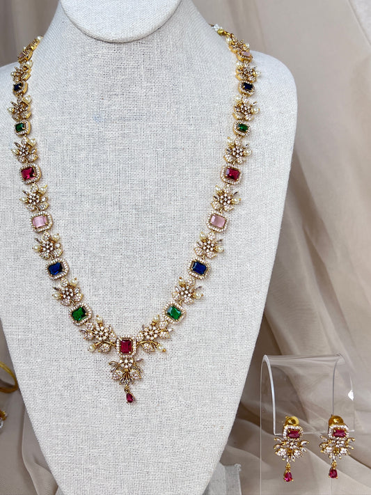 Long Dainty Moissanite American Diamond Gold Necklace | Haar | Mala Set