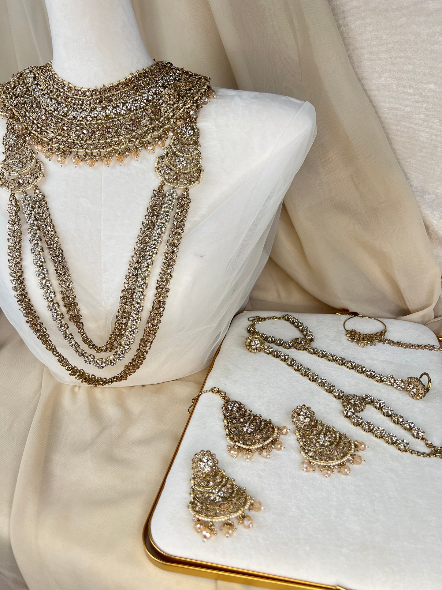 Gold & White Full Bridal Polki Set with Layered Set