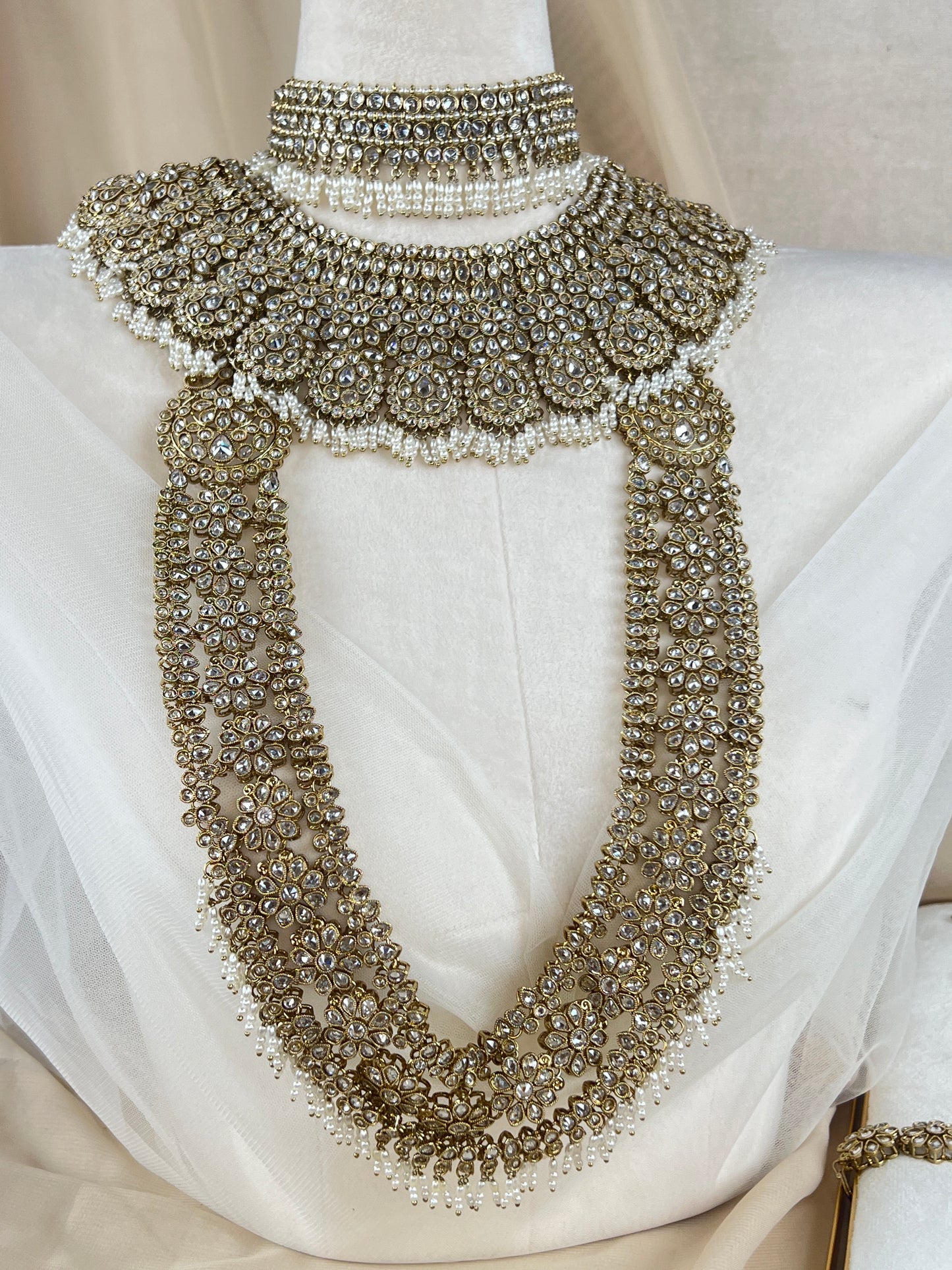 Double Choker Style Large Flower Polki Full Bridal Set
