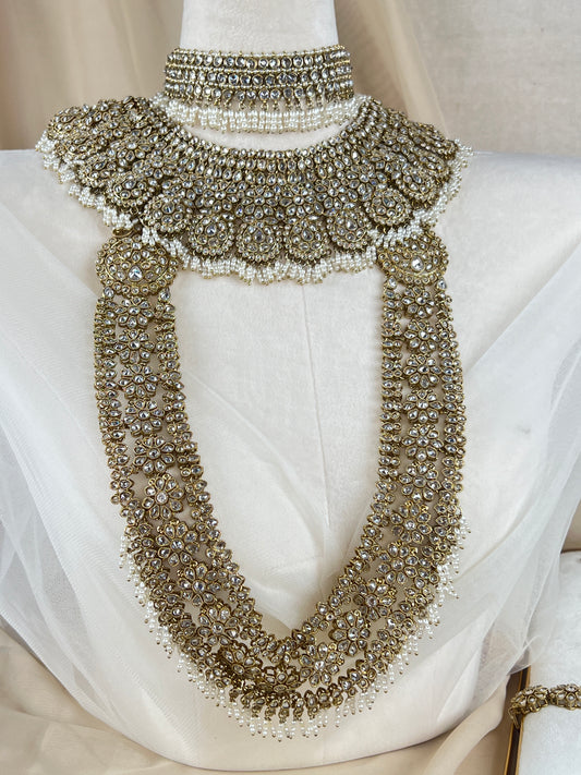 Double Choker Style Large Flower Polki Full Bridal Set