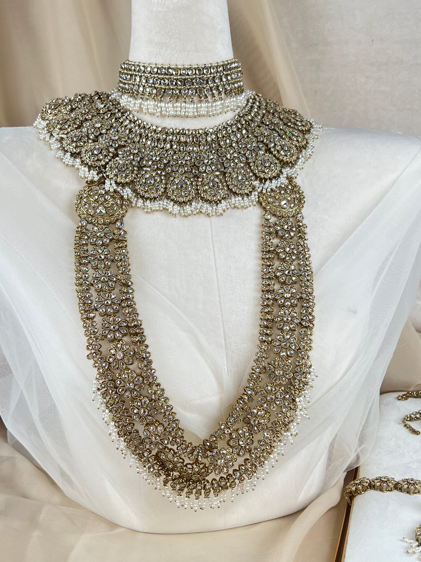 Double Choker Style Large Flower Polki Full Bridal Set
