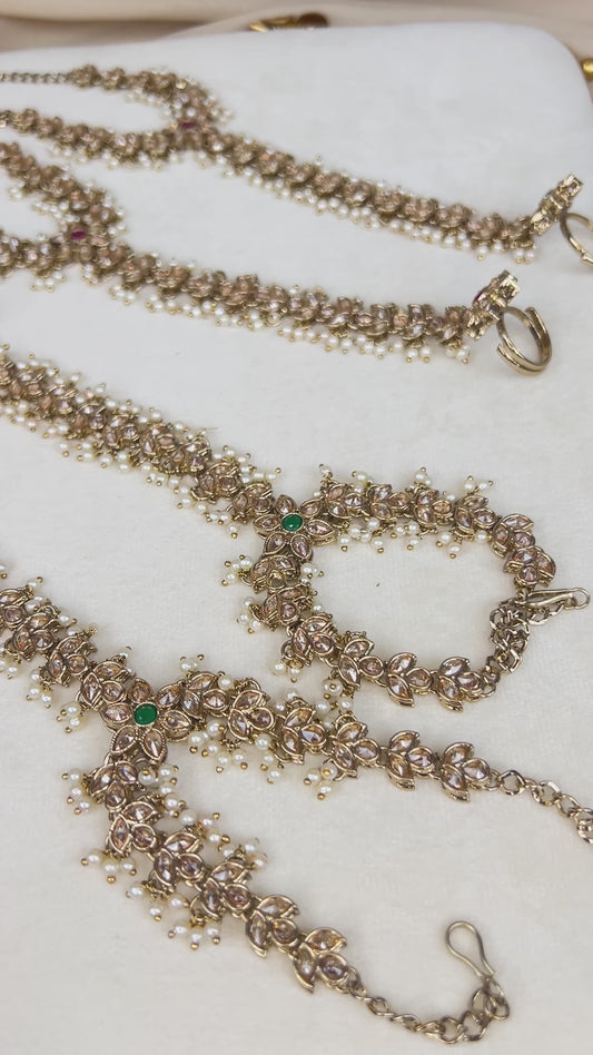 Polki Pearl Ring Hand Bracelet Pair